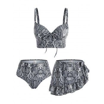 

Snakeskin Print Swimsuit Ruched Ruffle Bowknot Push Up Underwire Three Piece Tankini Swimwear, Black