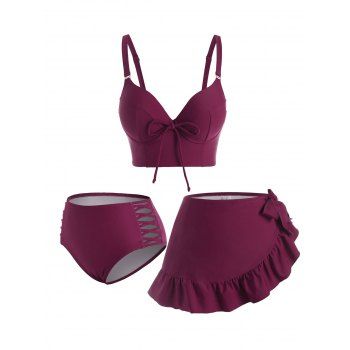 

Criss Cross Ruffle Bowknot Moulded Three Piece Tankini Swimwear, Deep red