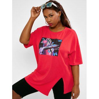 

Butterfly Car Graphic Slit Boyfriend Plus Size Tee, Red