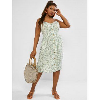 

Plus Size Spaghetti Strap Ditsy Floral Print Button Down Dress, Light green