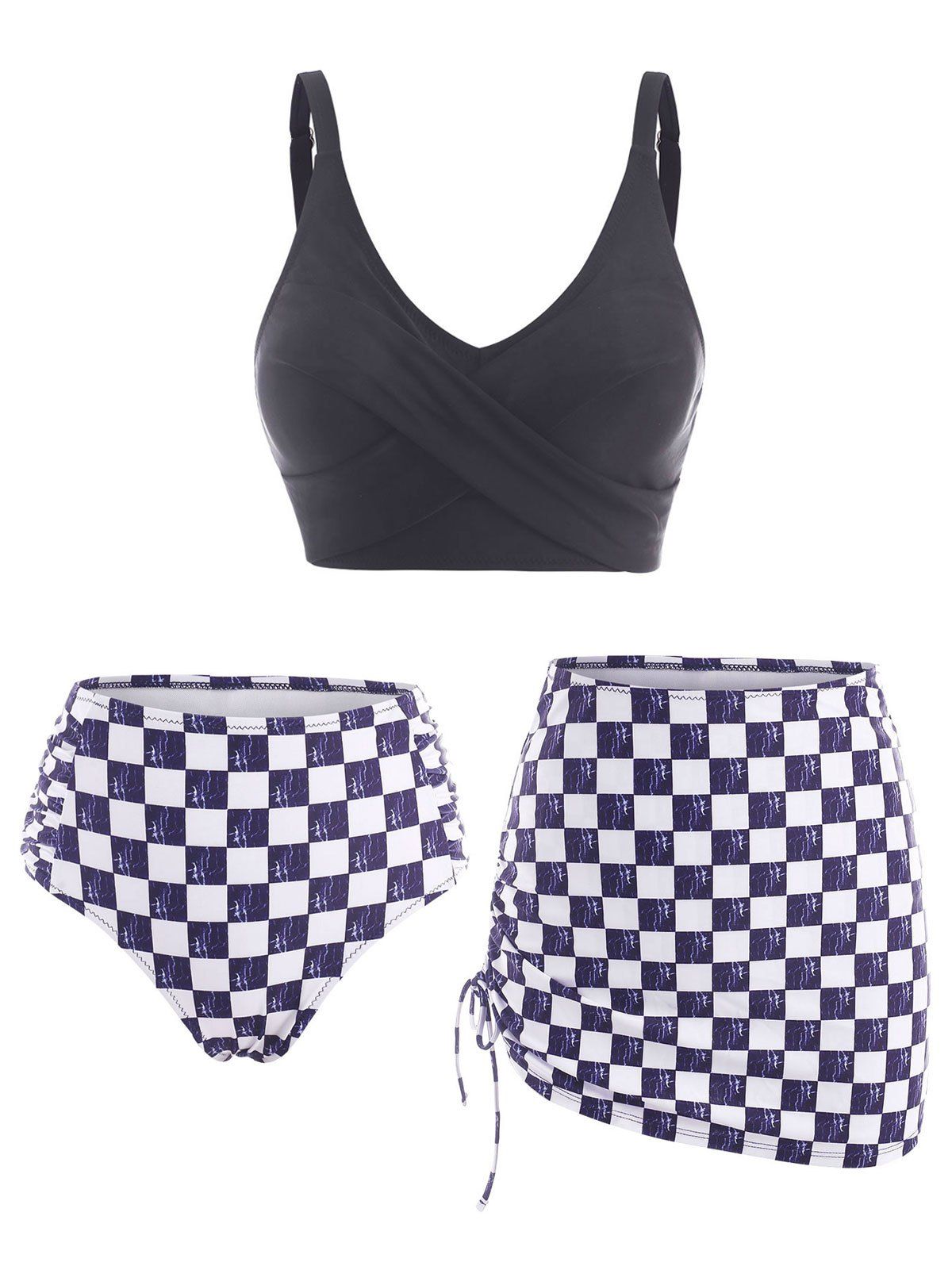Checkered Crisscross Ruched Cinched Three Piece Tankini Swimwear - BLACK L