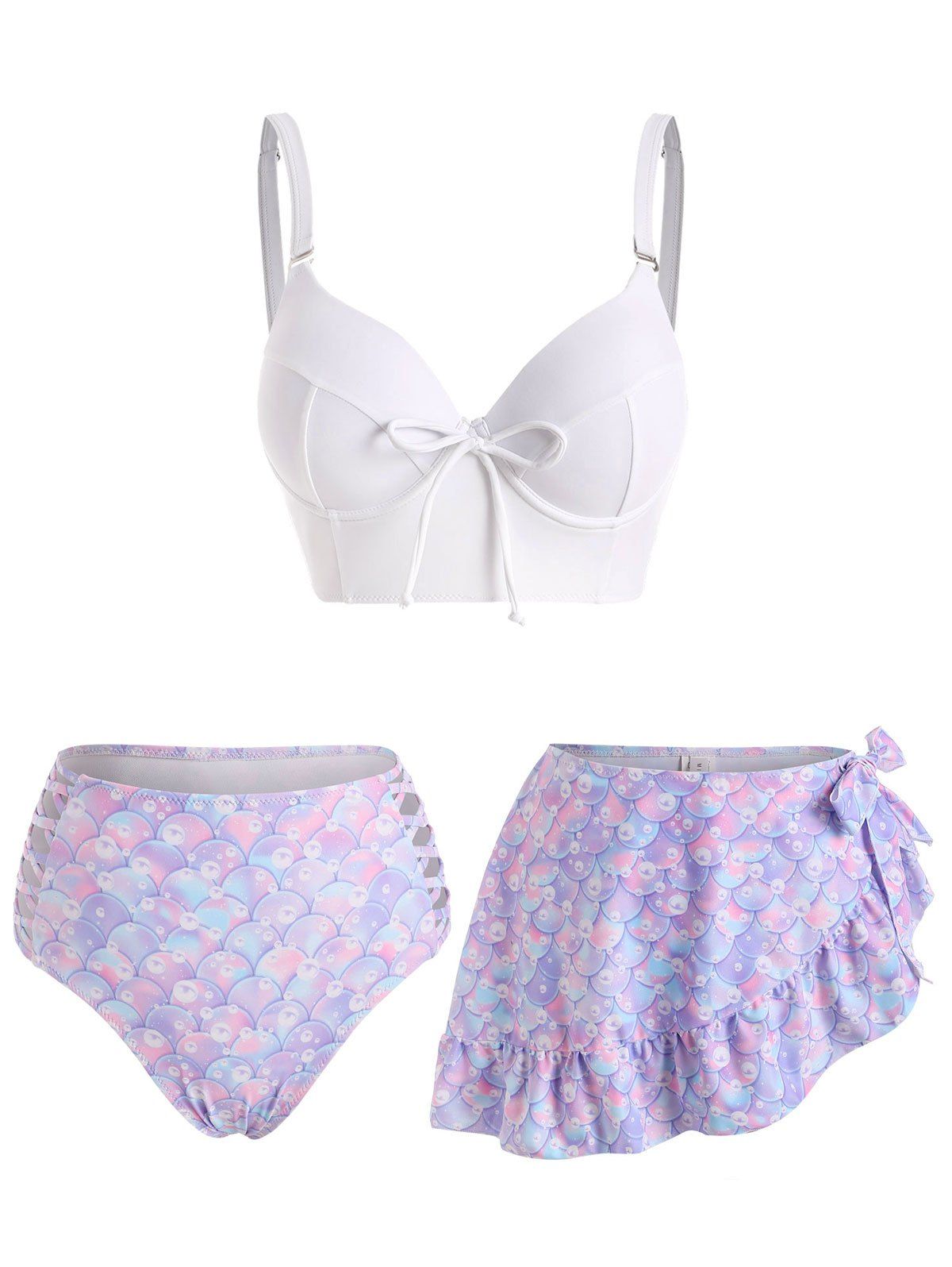 Mermaid Vacay Swimwear Criss Cross Bowknot Underwire Push Up Asymmetrical Hem Skirt Three Piece Tankini Swimwear - WHITE S