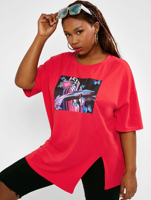 T-shirt Petit Papillon Graphique Fendu de Grande Taille - Rouge L