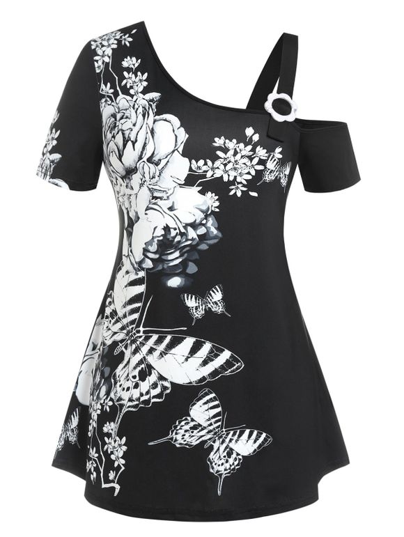 T-shirt à Imprimé Fleur Papillon de Grande Taille à Col Oblique - Noir 1X