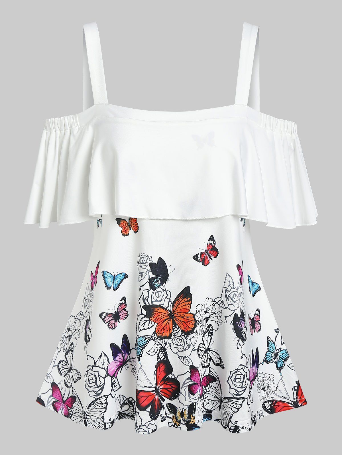 Ruffled Cold Shoulder Butterfly Print Tee - WHITE M