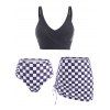Checkered Crisscross Ruched Cinched Three Piece Tankini Swimwear - BLACK S