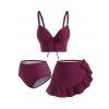 Maillot de Bain Tankini Trois-Pièces à Volants avec Nœud et Croisés - Rouge foncé L