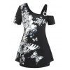 T-shirt à Imprimé Fleur Papillon de Grande Taille à Col Oblique - Noir L