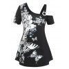 T-shirt à Imprimé Fleur Papillon de Grande Taille à Col Oblique - Noir 5X