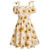 Summer Vacation Sunflower Print Ruched Self Tie Cold Shoulder Mini Dress