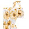 Summer Vacation Sunflower Print Ruched Self Tie Cold Shoulder Mini Dress - WHITE XXL