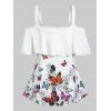 Ruffled Cold Shoulder Butterfly Print Tee - WHITE M