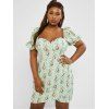 Plus Size Frilled Floral Puff Sleeve Ruched Bustier Dress - LIGHT GREEN L