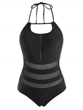 Tummy Control One-piece Swimwear Set Black Mesh Insert Swimsuit Tie Back Halter One-piece Swimsuit
