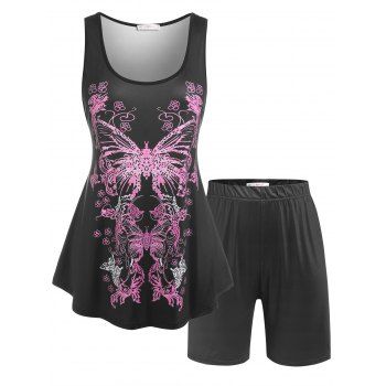 

Plus Size Butterfly Print Tank Top and Shorts Pajamas Set, Black