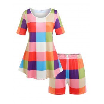 

Plus Size Colorful Plaid T-shirt and Shorts Pajamas Set, Multicolor