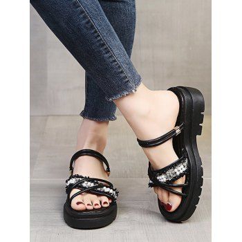 

Cross Faux Pearl Two Way Platform Slides Sandals, Black