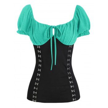 

Hook and Eye Ruffle Puff Sleeve Keyhole T Shirt, Green