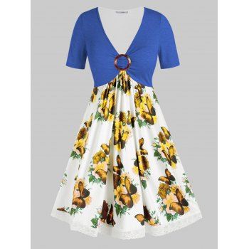 

Plus Size Flower Butterfly Print Lace Panel Empire Waist Dress, Blue