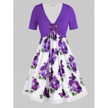 

Plus Size Flower Butterfly Print Lace Panel Empire Waist Dress, Concord
