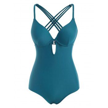 

Criss Cross Cut Out Swimsuit Underwire Keyhole Push Up One-piece Swimsuit, Blue