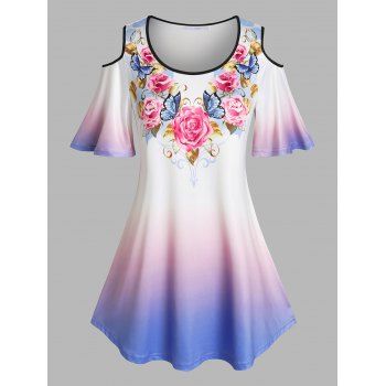 

Plus Size Cold Shoulder Floral Print Ombre Color Tee, Purple