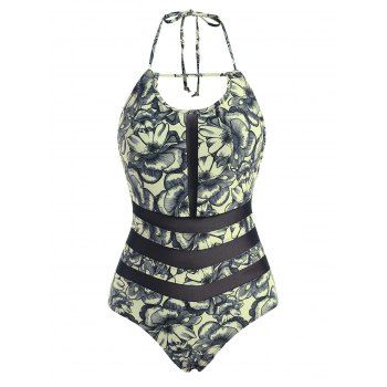 

Flower Print Mesh Insert Halter One-piece Swimsuit, Multicolor