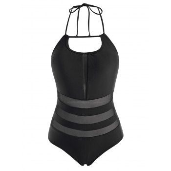 Women Tummy Control One-piece Swimwear Set Black Mesh Insert Swimsuit Tie Back Halter One-piece Swimsuit Beachwear Xxl Black