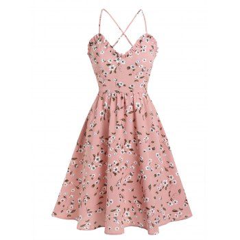 

Floral Print Sundress Spaghetti Strap Ruffle Dress, Light pink