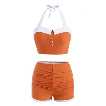 

Two Tone Tummy Control Swimsuit Mock Button Ruched Halter Tankini Swimwear, Coffee