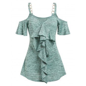 

Cold Shoulder Ruffle Detail Heathered T-shirt, Green