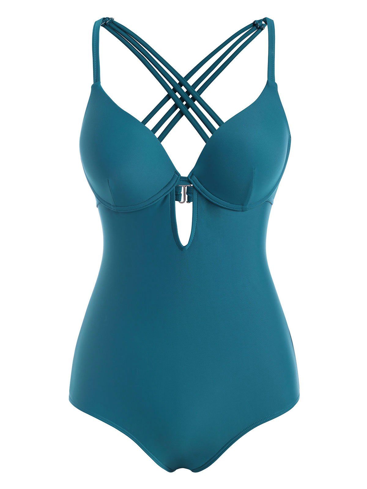 Criss Cross Cut Out Swimsuit Underwire Keyhole Push Up One-piece Swimsuit - BLUE M