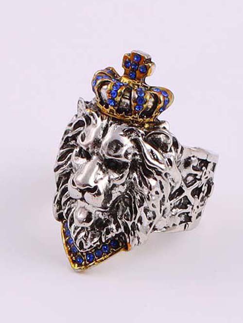 Bague Ouverte Motif Tête de Lion Orné de Strass - Bleu 