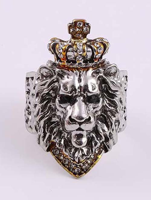 Bague Ouverte Motif Tête de Lion Orné de Strass - Blanc 