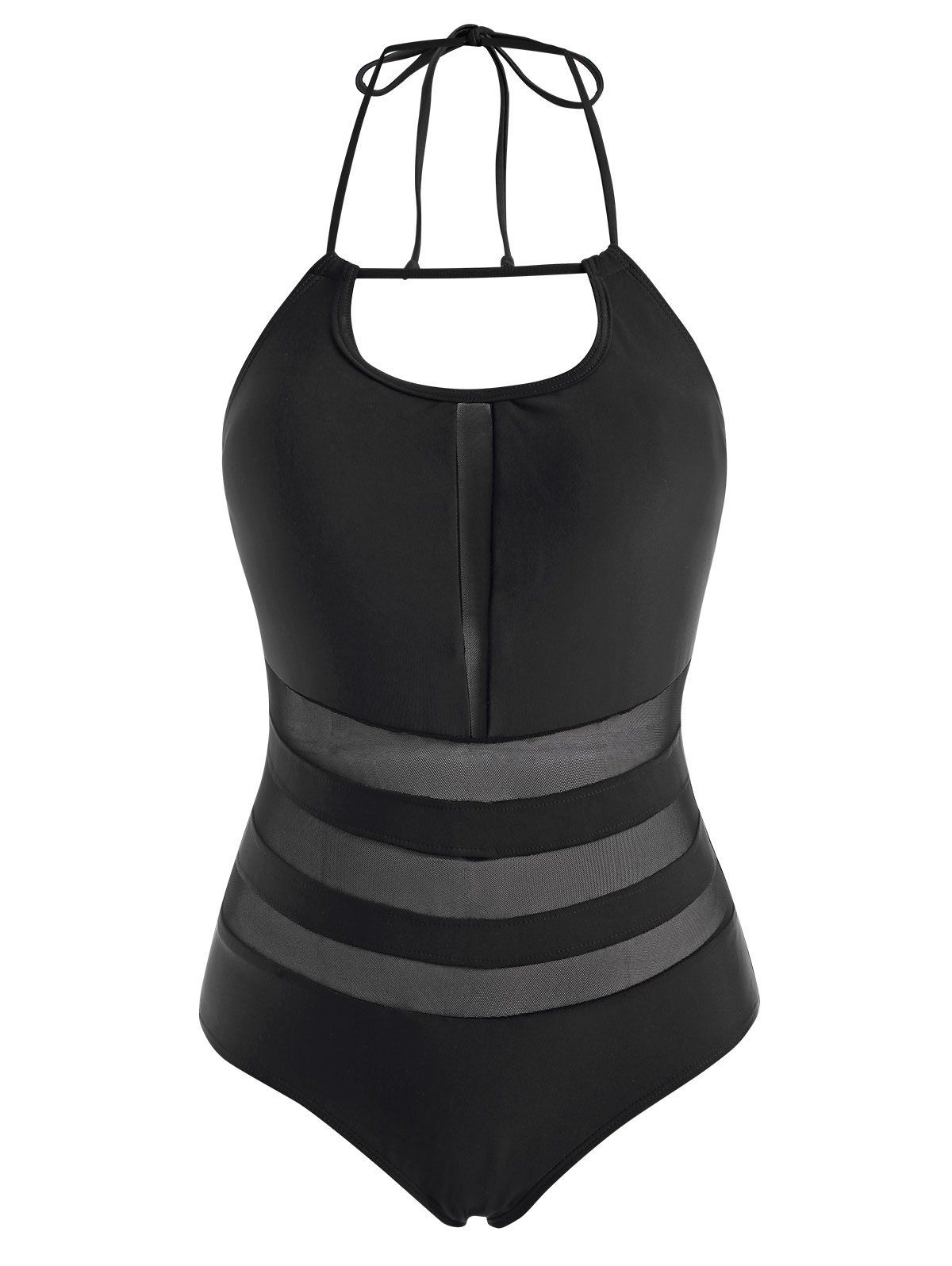 Tummy Control One-piece Swimwear Set Black Mesh Insert Swimsuit Tie Back Halter One-piece Swimsuit - BLACK XXXL