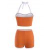 Two Tone Tummy Control Swimsuit Mock Button Ruched Halter Tankini Swimwear - COFFEE XXL