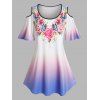 T-shirt en Couleur Ombrée à Imprimé Fleuri à Epaule Dénudée de Grande Taille - Pourpre L