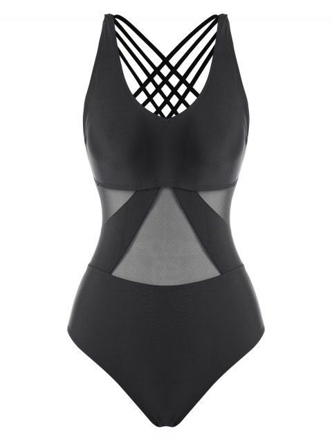 Sporty One-piece Swimsuit Mesh Insert Strappy Crisscross Swimwear