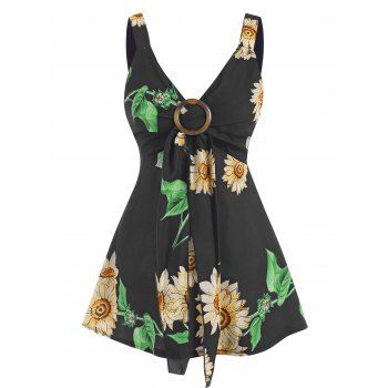 

Sunflower Print O Ring Tied Tank Top, Black