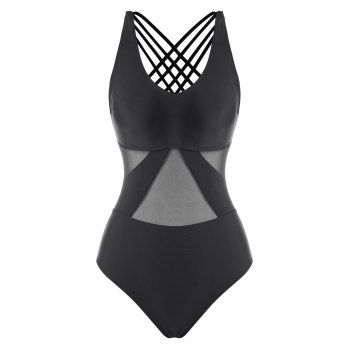 

Sporty One-piece Swimsuit Mesh Insert Strappy Crisscross Swimwear, Black