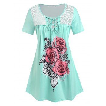 

Plus Size Lace Up Rose Print Tee, Light green