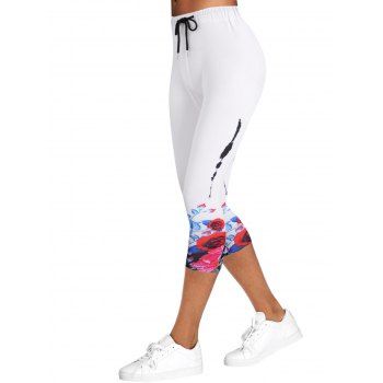 

Drawstring Floral Capri Leggings, White