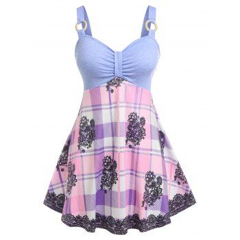 

Plus Size Plaid Flower Print Ring Tank Top, Light blue