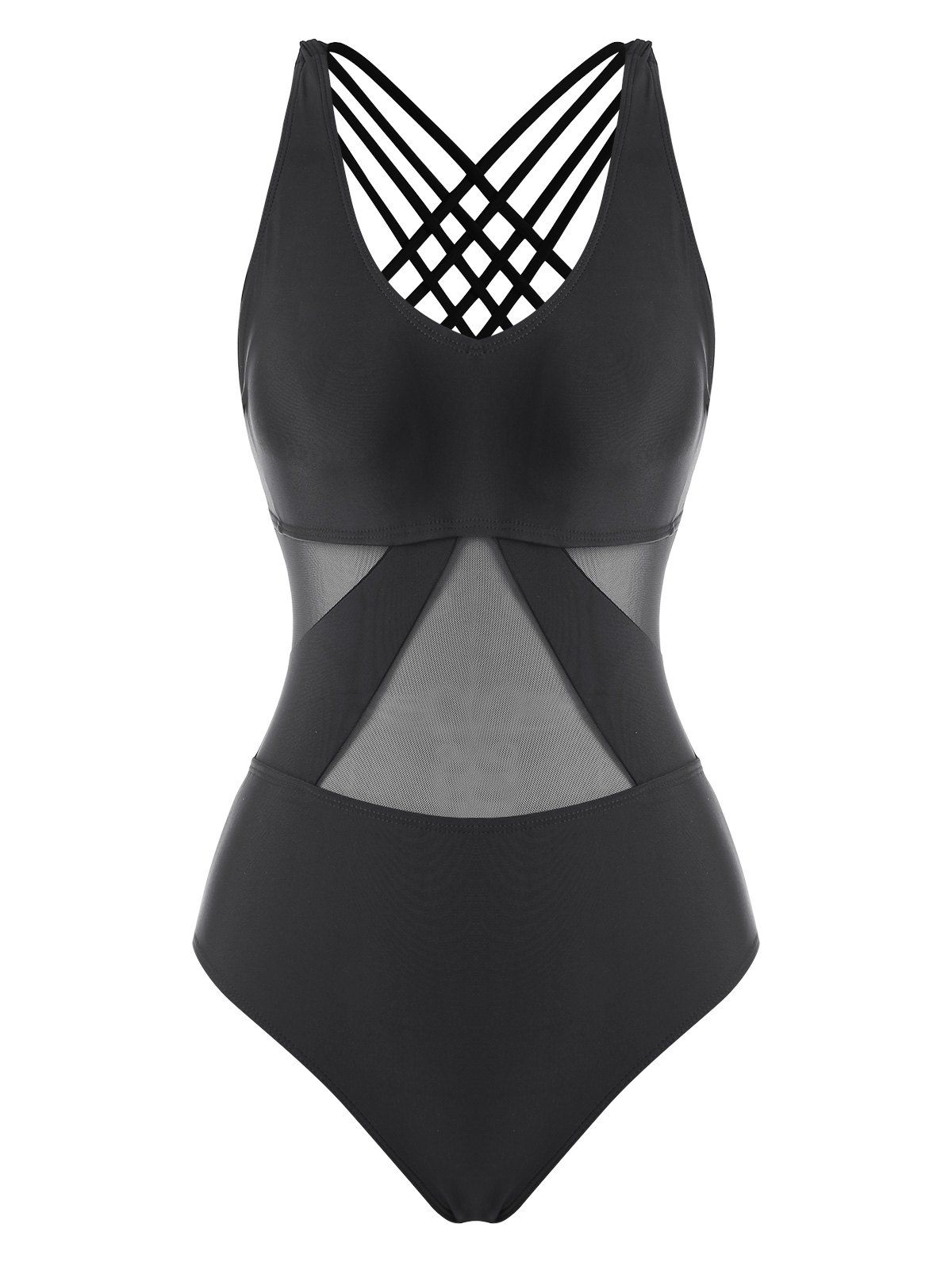 Sporty One-piece Swimsuit Mesh Insert Strappy Crisscross Swimwear - BLACK XXL