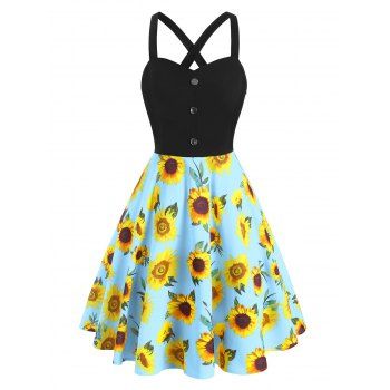 

Sunflower Print Criss Cross Mock Button Dress, Light blue