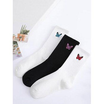

3 Pairs Butterfly Embroidered Mid-Calf Socks, Multicolor a