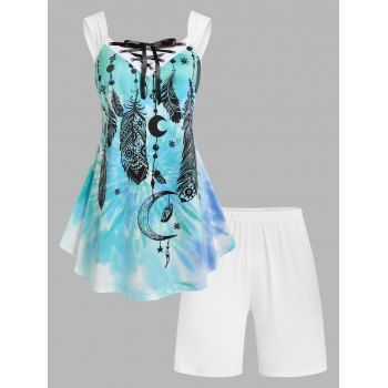 

Plus Size Dreamcatcher Print Lace Up Shorts Pajamas Set, Light blue