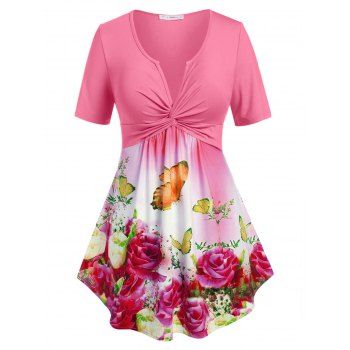 

Plus Size Twist Butterfly Flower Print T Shirt, Light pink