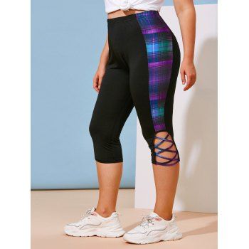 

Lattice Plaid Side Plus Size Capri Leggings, Deep green