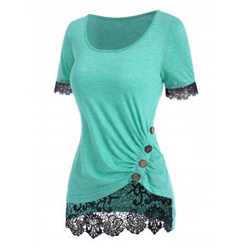 

Colorblock Guipure Insert Mock Button T Shirt, Light green